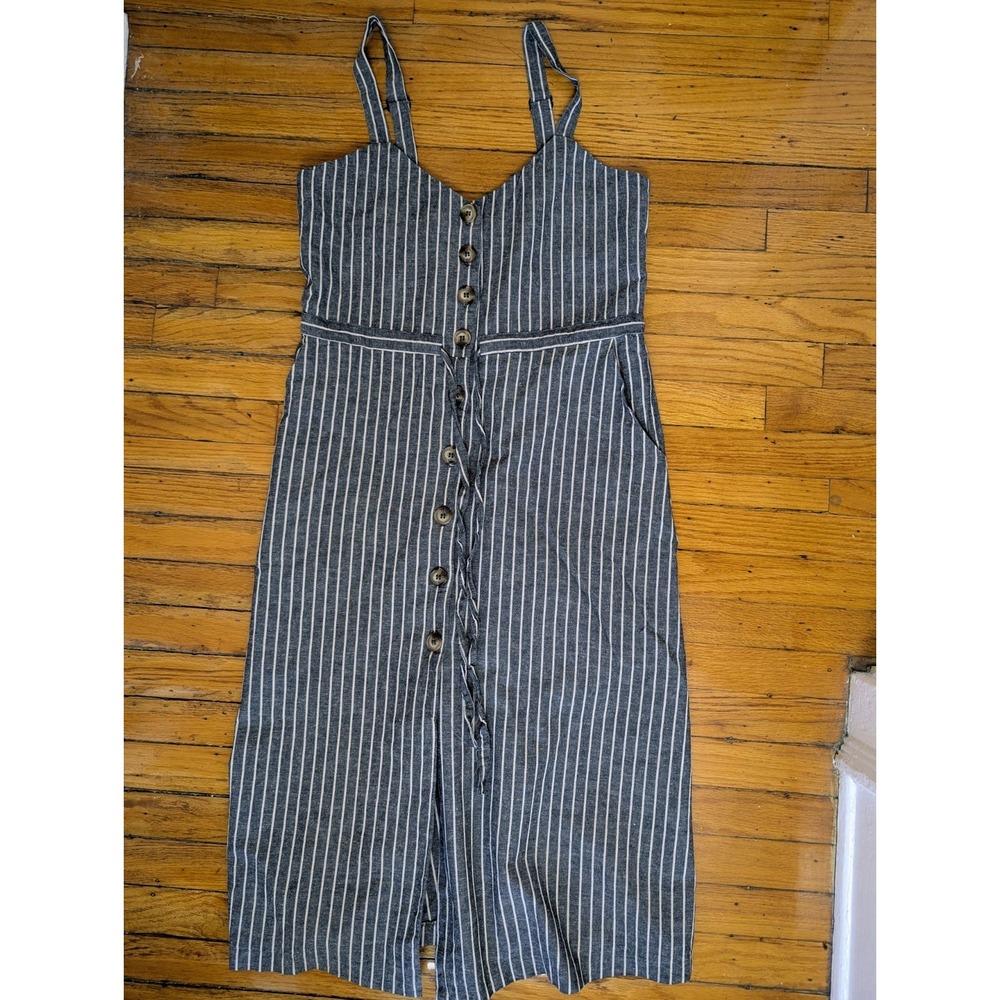 Le Lis Charcoal Pinstripe Linen Cotton Button Front Midi Dress Lined Pockets M